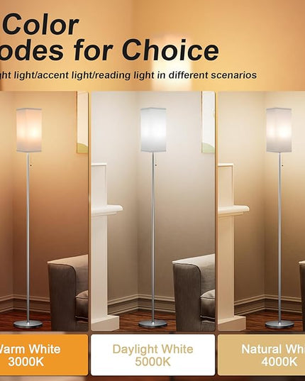 Floor Lamp for Living Room Bedroom - 3 Color Temperature Silver Standing Lamps with Pull Chain Switch, Modern Tall Lamp for Office Home Nursery, Pole Lamp with White Lampshade for Reading - LeafyLoom