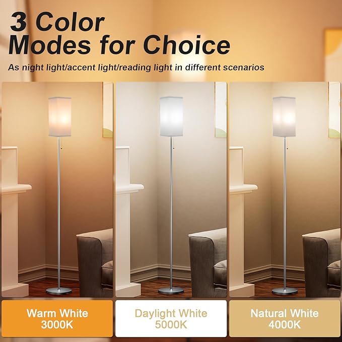 Floor Lamp for Living Room Bedroom - 3 Color Temperature Silver Standing Lamps with Pull Chain Switch, Modern Tall Lamp for Office Home Nursery, Pole Lamp with White Lampshade for Reading - LeafyLoom