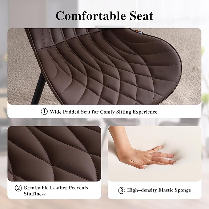 YOUNIKE Dining Chairs Set of 2, Upholstered Leather Dining Room Chairs, Modern Kitchen Chairs Living Room Bedroom Side Chairs with Wide Curved Back and Adjustable Metal Legs, Espresso Brown - LeafyLoom