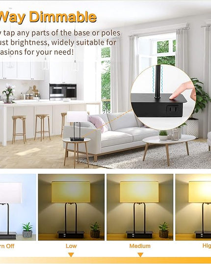 3-Way Dimmable Touch Control Table Lamp with 2 USB Ports and AC Power Outlet Modern Bedside Nightstand Lamp Fabric Shade and Metal Base for Guestroom Bedroom Living Room Hotel LED Bulb Included White - LeafyLoom