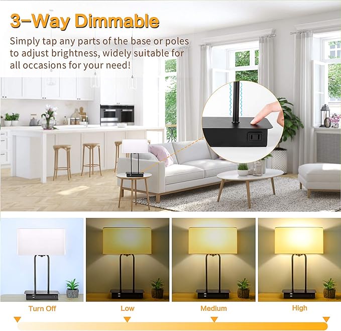 3-Way Dimmable Touch Control Table Lamp with 2 USB Ports and AC Power Outlet Modern Bedside Nightstand Lamp Fabric Shade and Metal Base for Guestroom Bedroom Living Room Hotel LED Bulb Included White - LeafyLoom