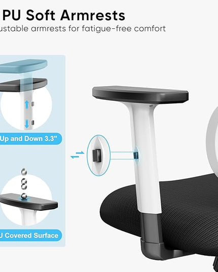 Sytas Ergonomic Office Chair, High Back Mesh Desk Chair with Lumbar Support and Adjustable Headrest, Executive Swivel Computer Chair for Home Office, Tilt Function, White - LeafyLoom