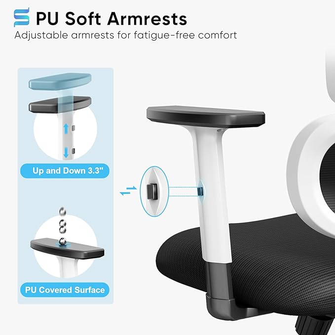 Sytas Ergonomic Office Chair, High Back Mesh Desk Chair with Lumbar Support and Adjustable Headrest, Executive Swivel Computer Chair for Home Office, Tilt Function, White - LeafyLoom