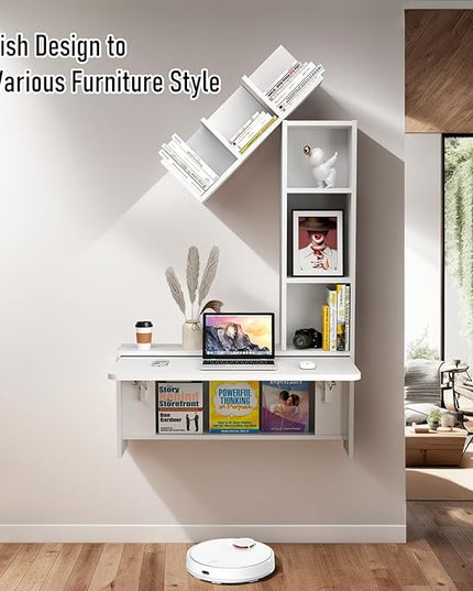 Folding Wall Mounted Drop Leaf Table, Foldable Desk with Moveable Cabinets, Floating Laptop with Convertible Storage Shelves, Multifunctional Computer Workstation in Home for Space Saving - LeafyLoom