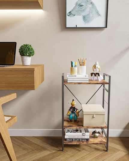 Bookshelf Organizer,3 Tiers Rustic Brown Small Bookcase for Small Space,Industrial Wooden Storage Bookcase Display Rack and Storage Organizer for Living Room and Home Office - LeafyLoom
