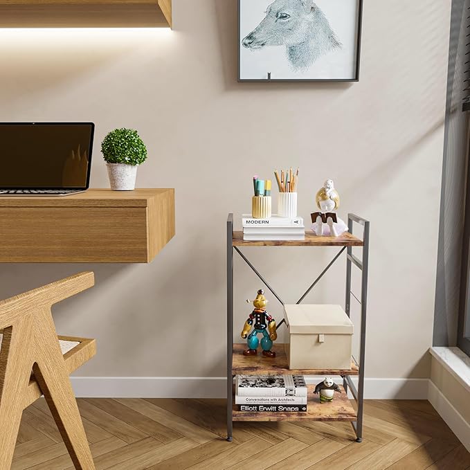 Bookshelf Organizer,3 Tiers Rustic Brown Small Bookcase for Small Space,Industrial Wooden Storage Bookcase Display Rack and Storage Organizer for Living Room and Home Office - LeafyLoom