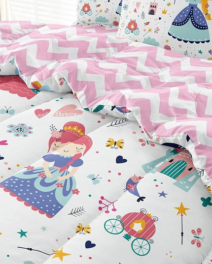 Girls Twin Bedding Sets, Kids Comforter Set for Teens w/Sheets and Pillowcase, Soft Reversible Cartoon Princess Bed in a Bag Sets - LeafyLoom