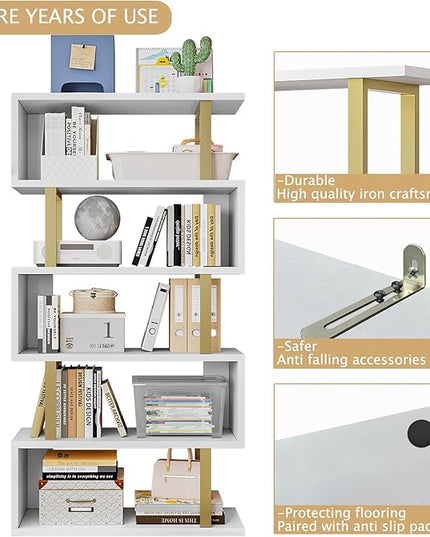 Bookshelf geometric bookcase S Shaped industrial bookshelf Storage Display Stand Shelf for Living Room Bedroom and office Room (White, 5 Tier) - LeafyLoom