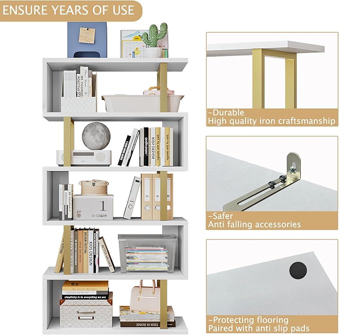 Bookshelf geometric bookcase S Shaped industrial bookshelf Storage Display Stand Shelf for Living Room Bedroom and office Room (White, 5 Tier) - LeafyLoom