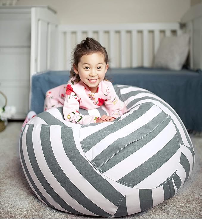 Wekapo Stuffed Animal Storage Bean Bag Chair Cover for Kids | Stuffable Zipper Beanbag for Organizing Children Plush Toys Large Premium Cotton Canvas (Gray, XX-Large) - LeafyLoom