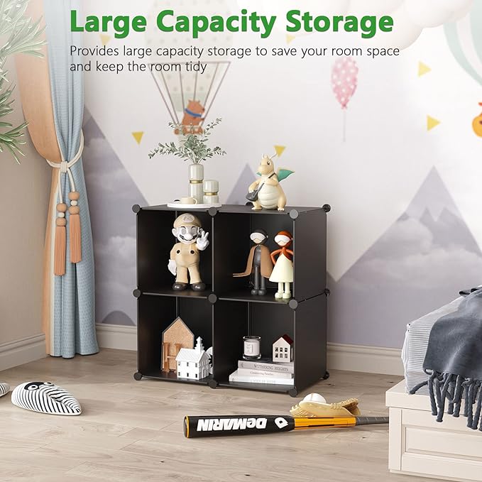 C&AHOME Cube Storage Organizer, 4-Cube Shelves Units, Closet Cabinet, DIY Plastic Modular Book Shelf, Ideal for Bedroom, Living Room, Office, 24.8" L x 12.4" W x 24.8" H Black SHS04A - LeafyLoom