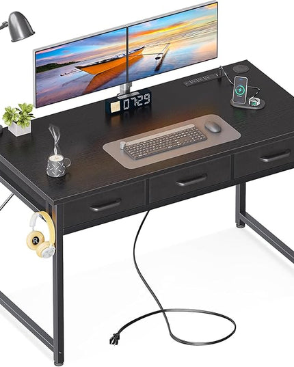 AODK 48 Inch Computer Desk with 3 Fabric Drawers, Office Desk with USB/Type-C Charging Ports & Power Outlets, Vanity Desk with Iron Hook for Bedroom, Study/Writing/Work Table for Bedroom, Black - LeafyLoom