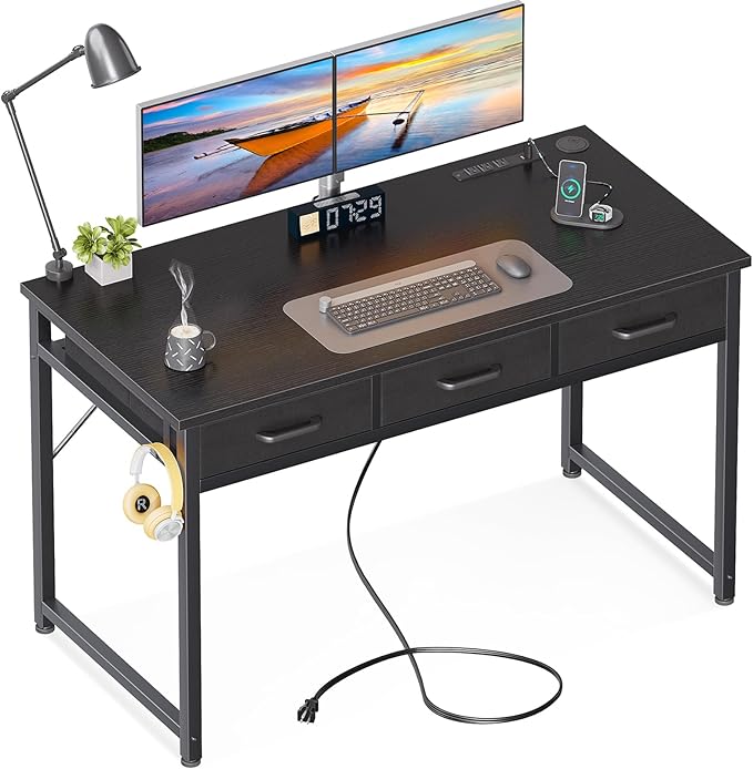 AODK 48 Inch Computer Desk with 3 Fabric Drawers, Office Desk with USB/Type-C Charging Ports & Power Outlets, Vanity Desk with Iron Hook for Bedroom, Study/Writing/Work Table for Bedroom, Black - LeafyLoom