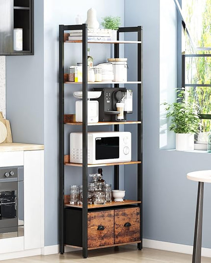 Furologee 6-Tier Bookshelf, Tall 71" Rustic Bookcase with 2 Drawers Storage Organizer, Industrial Display Free Standing Shelf Units, Wood and Metal Storage Rack for Home Office, Bedroom, Rustic Brown - LeafyLoom