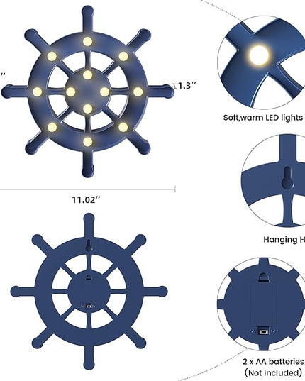 Blue Ship Wheel Wall Decor, Beach Themed Kids Room Decor, Battery Powered Rudder Night Light for Kids, Coastal Wall Decor, Ocean Decor, Coastal Decor - LeafyLoom