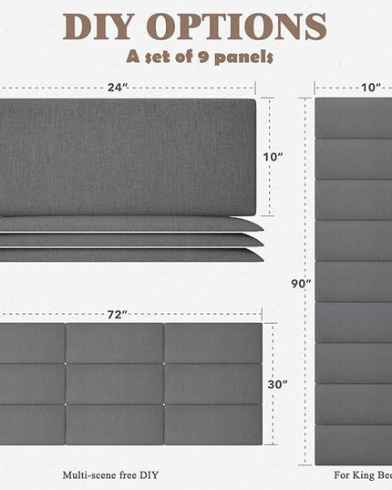 Queen Headboard, Wall Mounted Peel and Stick Headboard, Upholstered Tufted Bed Headboard for Queen Size Bed, Floating Dorm Bedroom Tall Headboard Soundproof Wall Panels (9 Panels, 10"x24") - LeafyLoom