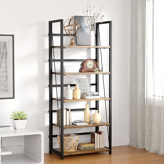 5 Tier Wood Book Shelf Organizer, No Assembly Bookshelf for Bedroom Living Room Office, Rustic Foldable Book Case, Tall Bookshelves, Open Book Shelves, Decorative Folding Shelf Display, Tall Bookcase - LeafyLoom