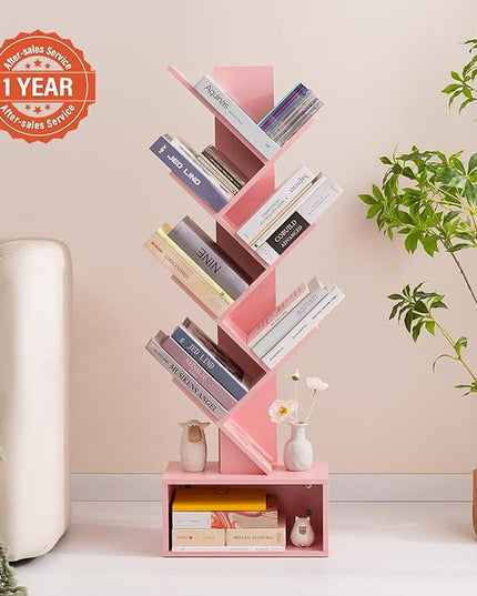 Yoobure Tree Bookshelf - 6 Shelf Retro Floor Standing Bookcase, Tall Wood Book Storage Rack for CDs/Movies/Books, Utility Book Organizer Shelves for Bedroom, Living Room, Home Office Pink - LeafyLoom