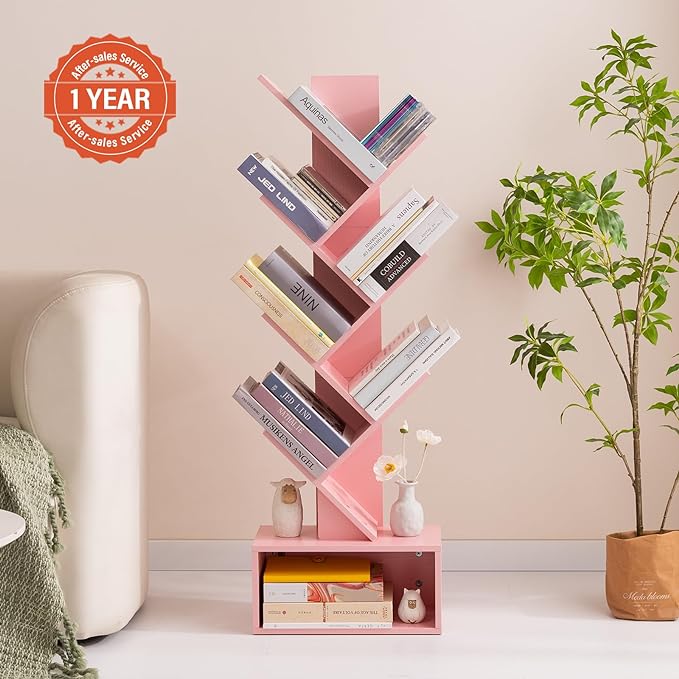 Yoobure Tree Bookshelf - 6 Shelf Retro Floor Standing Bookcase, Tall Wood Book Storage Rack for CDs/Movies/Books, Utility Book Organizer Shelves for Bedroom, Living Room, Home Office Pink - LeafyLoom