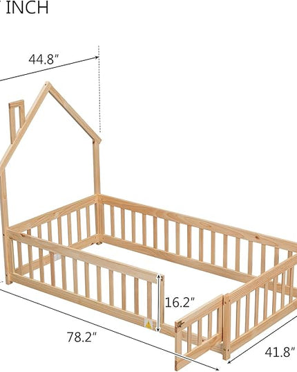 Twin Size Kids Montessori Floor Bed,House-Shaped Headboard Floor Bed for Kids,Floor Bed with Fence and Door,House Bed Twin Frame for Girls,Boys(Twin,Natural) - LeafyLoom
