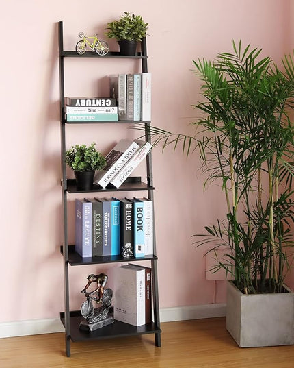 HYNAWIN Ladder Shelf 5 Tier Bookcase, Multipurpose Plant Flower Stand Bookshelf Storage Rack Shelves, Wood Look Accent Bamboo Frame Modern Furniture Home Office (Black) - LeafyLoom