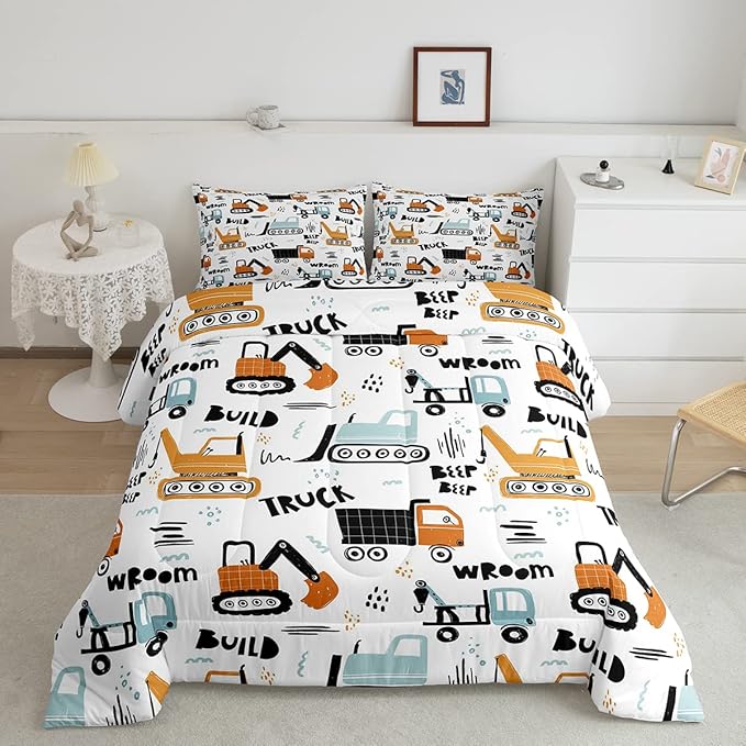 Kids Cartoon Excavator Bedding Set Boys Vehicles Truck Car Comforter Child Cute Building Equipment Comforter Set Funny Construction Transport Duvet Set Colorful Room Decor Full Size Boys - LeafyLoom