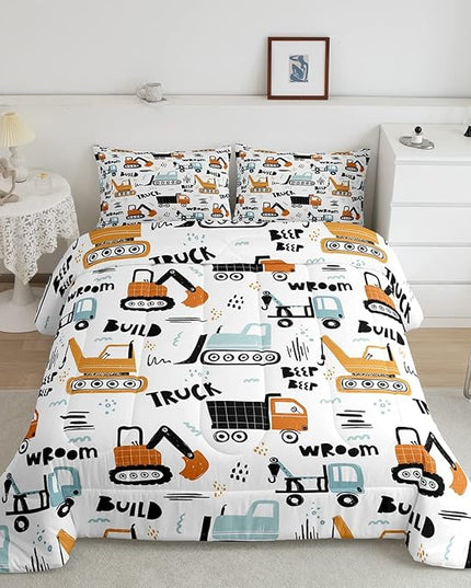 Feelyou Cartoon Car Kids Comforter Cute Excavator Tractor Comforter Set Boys Construction Bedding Set Vehicles Truck Cars Duvet Set Building Equipment Quilt Colorful Decor King Size 3Pcs Boys - LeafyLoom