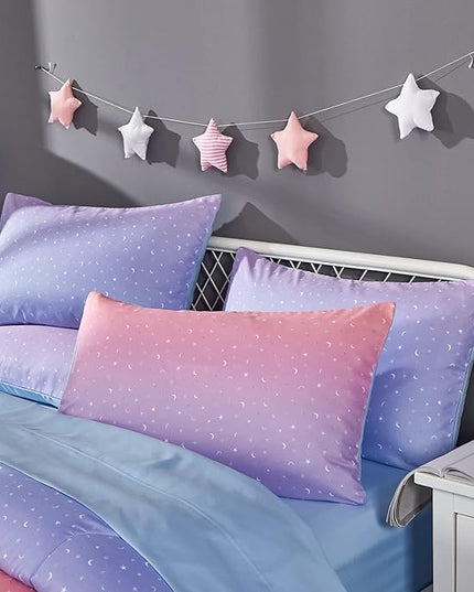 Rainbow Comforter Set for Teen Girls Women,Full/Queen Size 5 Piece Bed in A Bag,Metallic Printed Glitter Comforter and Sheets,Ultra Soft Microfiber All Season Bedding Set(Full/Queen,Blue) - LeafyLoom