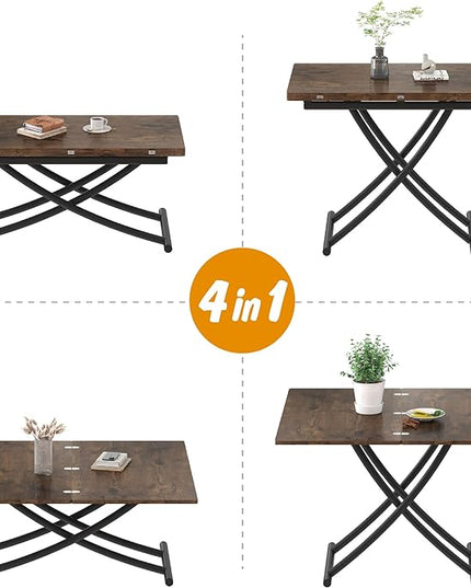 Multifunctional Folding Dining Table, Height Adjustable Lift Top Coffee Transformer Table with Metal legs for Space Saving Living Room Kitchen Tea, Brown - LeafyLoom