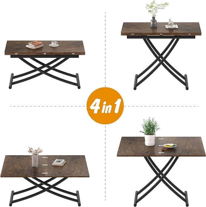 Multifunctional Folding Dining Table, Height Adjustable Lift Top Coffee Transformer Table with Metal legs for Space Saving Living Room Kitchen Tea, Brown - LeafyLoom