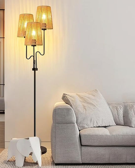 Rattan Floor Lamp for Living Room,Boho Floor Lamps Flower Standing Lamp with Remote,Dimmable Tree 3 Light Tall Lamp Farmhouse Wicker Bamboo Lamp Shade,Floor Light for Bedroom Bohemian Decor - LeafyLoom