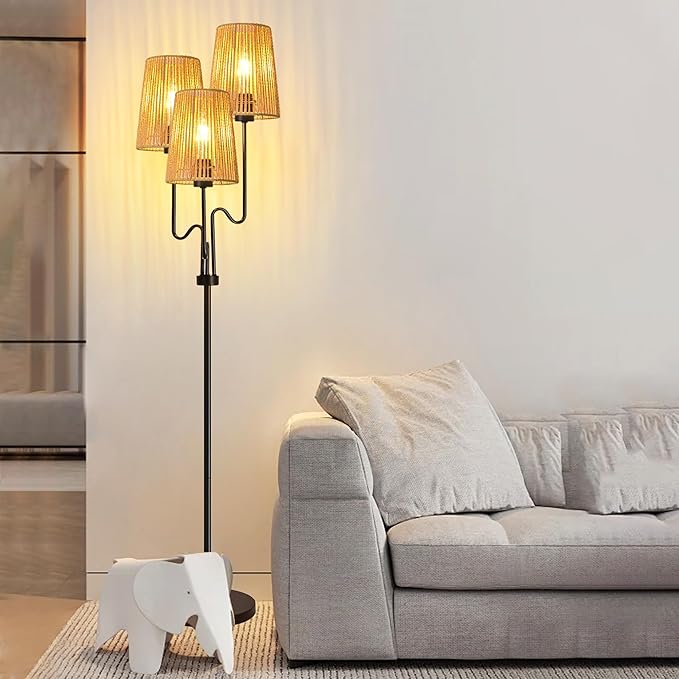 Rattan Floor Lamp for Living Room,Boho Floor Lamps Flower Standing Lamp with Remote,Dimmable Tree 3 Light Tall Lamp Farmhouse Wicker Bamboo Lamp Shade,Floor Light for Bedroom Bohemian Decor - LeafyLoom