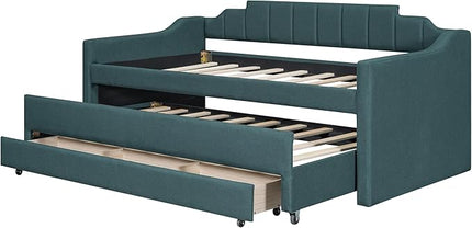 Merax Twin Size Upholstered Daybed with Trundle and Three Storage Drawers, Comfy Sofa-Bed & Padded Backrest for Living Room, Guest Room, Apartments, Both Side Armrests, Solid Wood Slats Support, Green - LeafyLoom