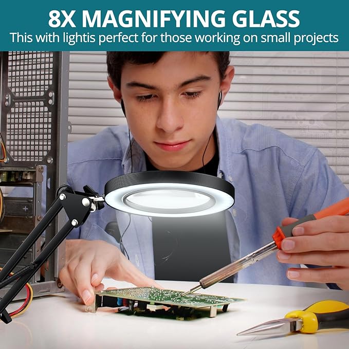 8X Magnifying Glass with Light and Stand, 2-in-1 Lighted Magnifier with Clamp,3 Color Modes Dimmable 10 Brightness Levels LED Desk Magnifying Lamp Hands Free for Crafts Hobby Reading Close Work - LeafyLoom