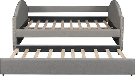 Full Size Upholstered Daybed with Twin Trundle Bed and Wood Slat for Living Room Bedroom, Gray - LeafyLoom