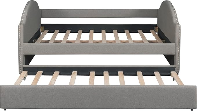 Full Size Upholstered Daybed with Twin Trundle Bed and Wood Slat for Living Room Bedroom, Gray - LeafyLoom