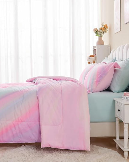 Wajade Girls Pink Comforter Set Bed in A Bag Queen Size 7 Piece 3D Colorful Tie Dye Pink Rainbow Bedding Set for Teens Girls (1 Comforter, 1 Flat Sheet, 1 Fitted Sheet, 2 Pillowcase and 2 Pillow Sham) - LeafyLoom