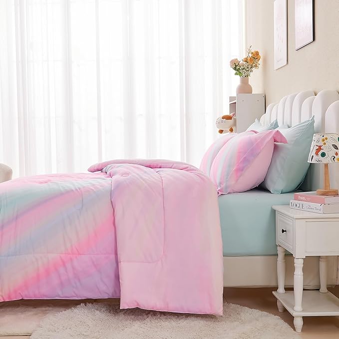 Wajade Girls Pink Comforter Set Bed in A Bag Full Size 7 Piece 3D Colorful Tie Dye Pink Rainbow Bedding Set for Teens Girls (1 Comforter, 1 Flat Sheet, 1 Fitted Sheet, 2 Pillowcase and 2 Pillow Sham) - LeafyLoom
