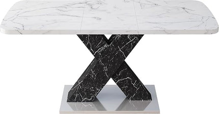 NicBex 62.99Inch Expandable Dining Table,Modern Kitchen Table with White Marble Tabletop and MDF White X-Shape Legs for 6 to 8,Large Dining Room Table for Kitchen,Meeting Living Room,Antique White - LeafyLoom