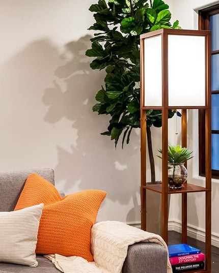 Brightech Maxwell - Modern Shelf Floor Lamp with Lamp Shade and LED Bulb - Corner Display Floor Lamps with Shelves for Living Room, Bedroom and Office - Havana Brown - LeafyLoom