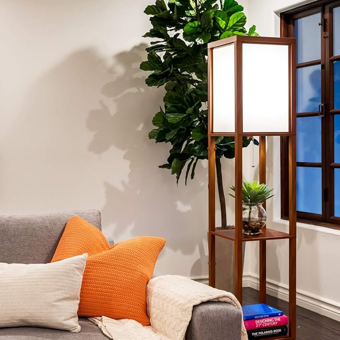 Brightech Maxwell - Modern Shelf Floor Lamp with Lamp Shade and LED Bulb - Corner Display Floor Lamps with Shelves for Living Room, Bedroom and Office - Havana Brown - LeafyLoom