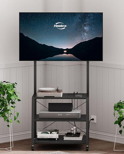HOOBRO Rolling TV Stand with Mount and Power Outlet Up to 55 inch TVs, Corner Entertainment Center, Small TV Stand with 3-Tier Storage Shelves for Living Room, Bedroom, Black BB66UDS01 - LeafyLoom