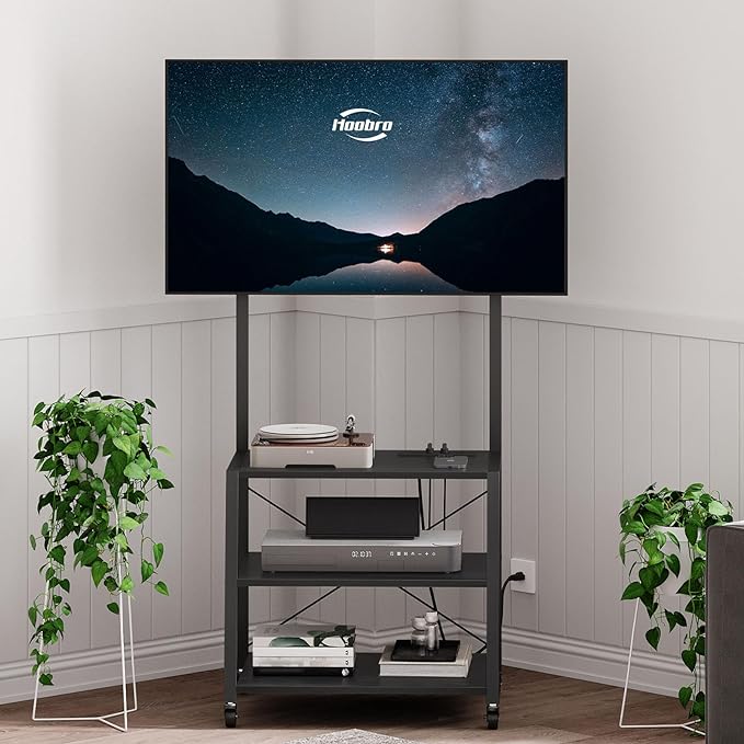 HOOBRO Rolling TV Stand with Mount and Power Outlet Up to 55 inch TVs, Corner Entertainment Center, Small TV Stand with 3-Tier Storage Shelves for Living Room, Bedroom, Black BB66UDS01 - LeafyLoom