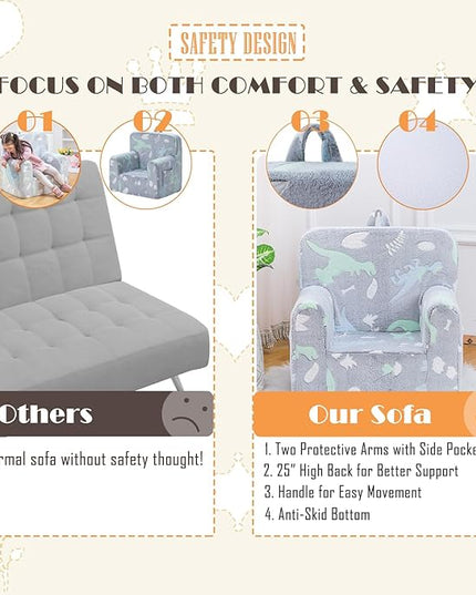 Snuggly-Soft Cuddly Toddler Plush Armchair for Boys and Girls Glowing Grey Fuzzy Plush Kids Sofa Couch Reading Chair with Children Friendly Handle for Easy Movement & Double Pockets for Storage - LeafyLoom