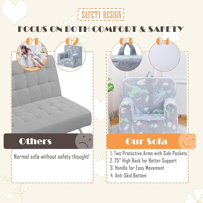Snuggly-Soft Cuddly Toddler Plush Armchair for Boys and Girls Glowing Grey Fuzzy Plush Kids Sofa Couch Reading Chair with Children Friendly Handle for Easy Movement & Double Pockets for Storage - LeafyLoom