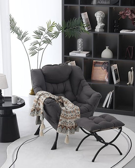 Lazy Chair with Ottoman, Modern Soft Reading Chair Accent Contemporary Lounge Leisure Sofa Chair with Armrests and a Side Pocket for Living Room, Bedroom, Dorm & Office, Dark Grey - LeafyLoom