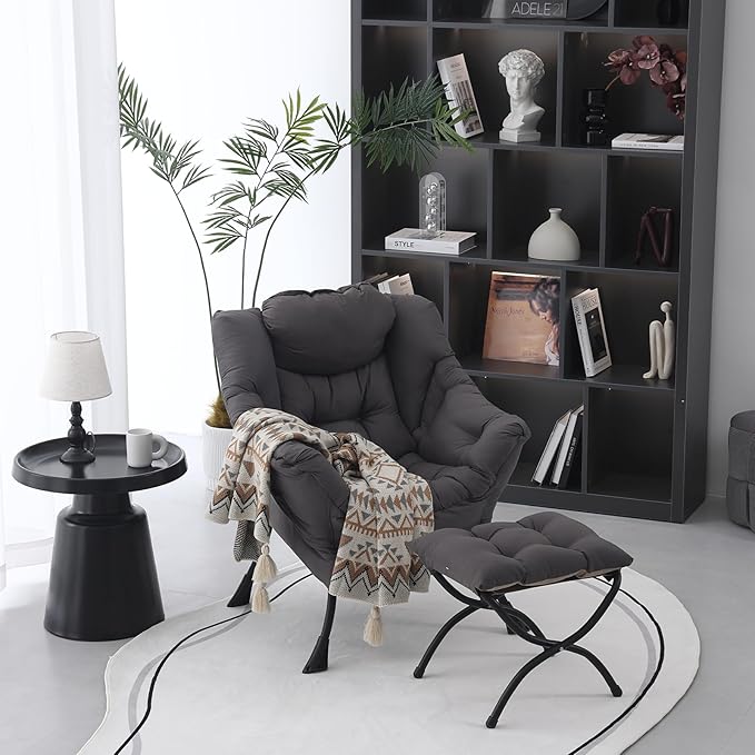 Lazy Chair with Ottoman, Modern Soft Reading Chair Accent Contemporary Lounge Leisure Sofa Chair with Armrests and a Side Pocket for Living Room, Bedroom, Dorm & Office, Dark Grey - LeafyLoom