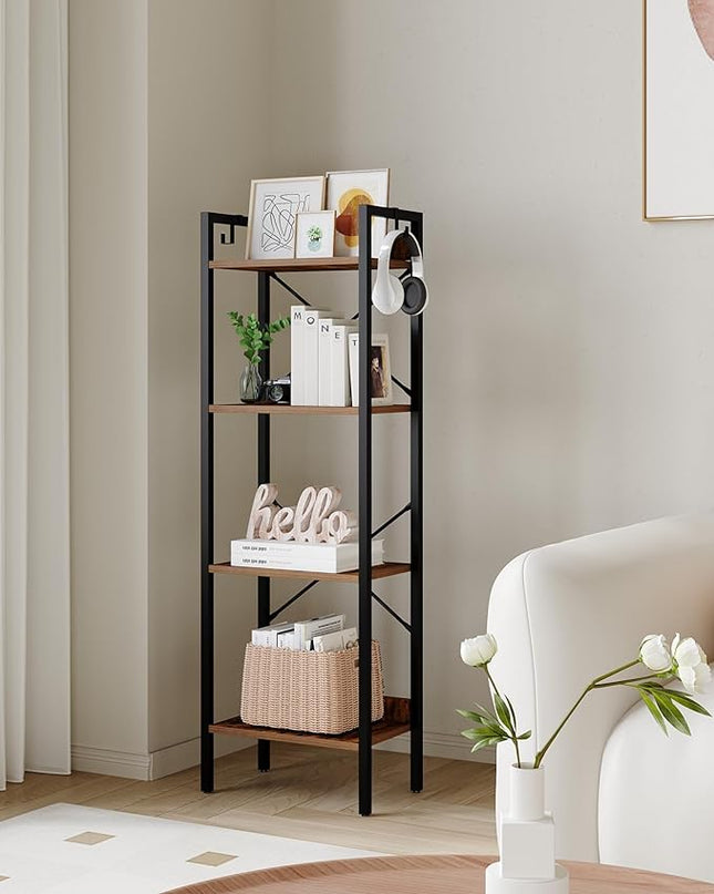 Bookshelf, Book Shelf, Industrial Bookcase with 2 Hooks, Coner Shelf Storage Organizer for Home Office, Living Room, Bedroom, Kitchen, 4-Tier Rustic Brown BC10401B - LeafyLoom