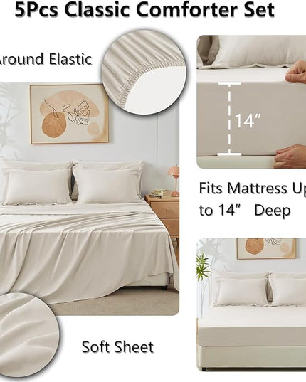 CozyLux Twin Bed in a Bag Comforter Sets with Comforter and Sheets 5 Pieces for Girls and Boys Beige All Season Bedding Sets with Comforter, Pillow Sham, Flat Sheet, Fitted Sheet and Pillowcase - LeafyLoom