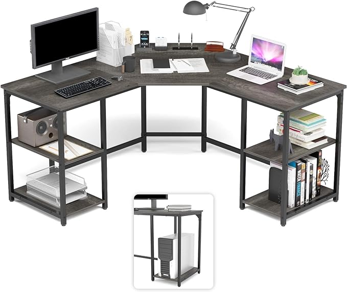 Elephance L-Shaped Desk with Shelves, Computer Corner Desk, Home Office Writing Workstation, Gaming Desk PC Laptop Table with Storage - LeafyLoom